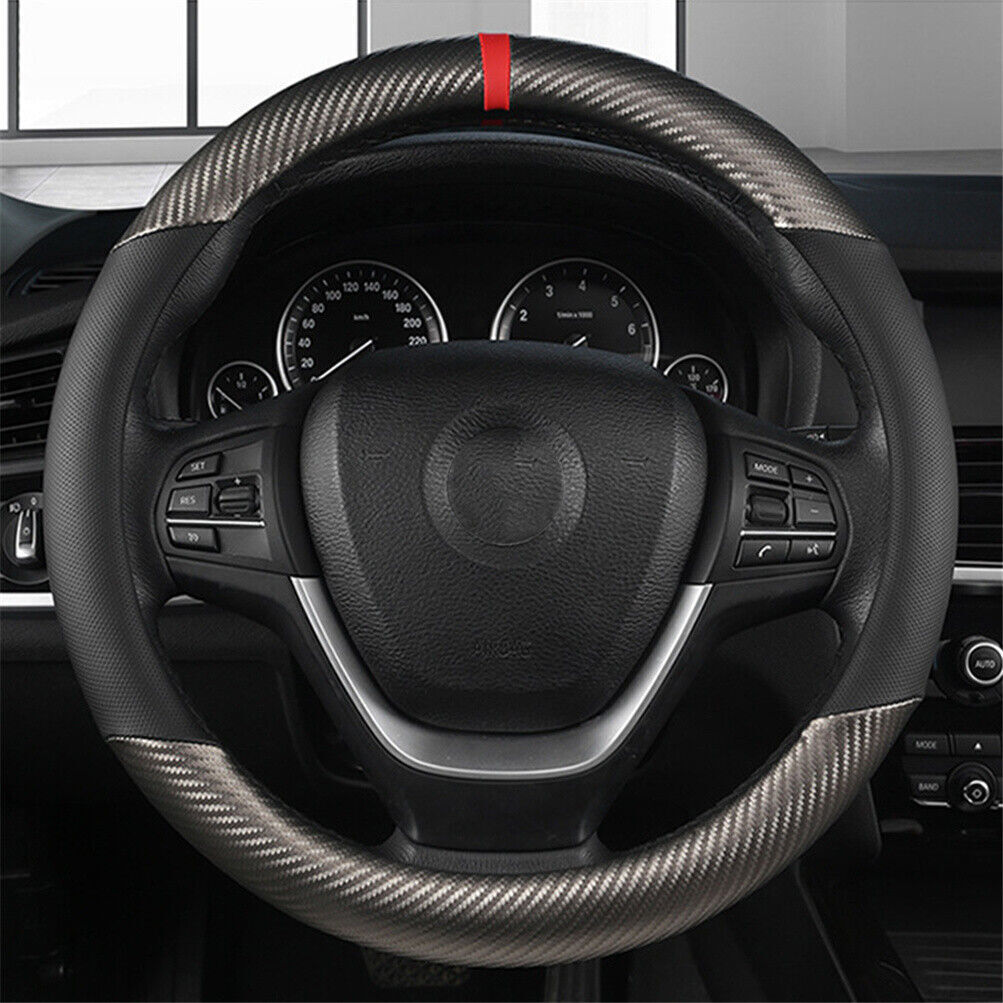 Car Steering Wheel Cover Carbon Black Leather Breathable Anti-slip Accessories
