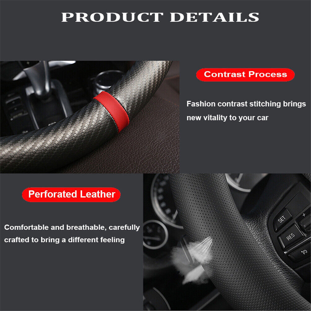 Car Steering Wheel Cover Carbon Black Leather Breathable Anti-slip Accessories