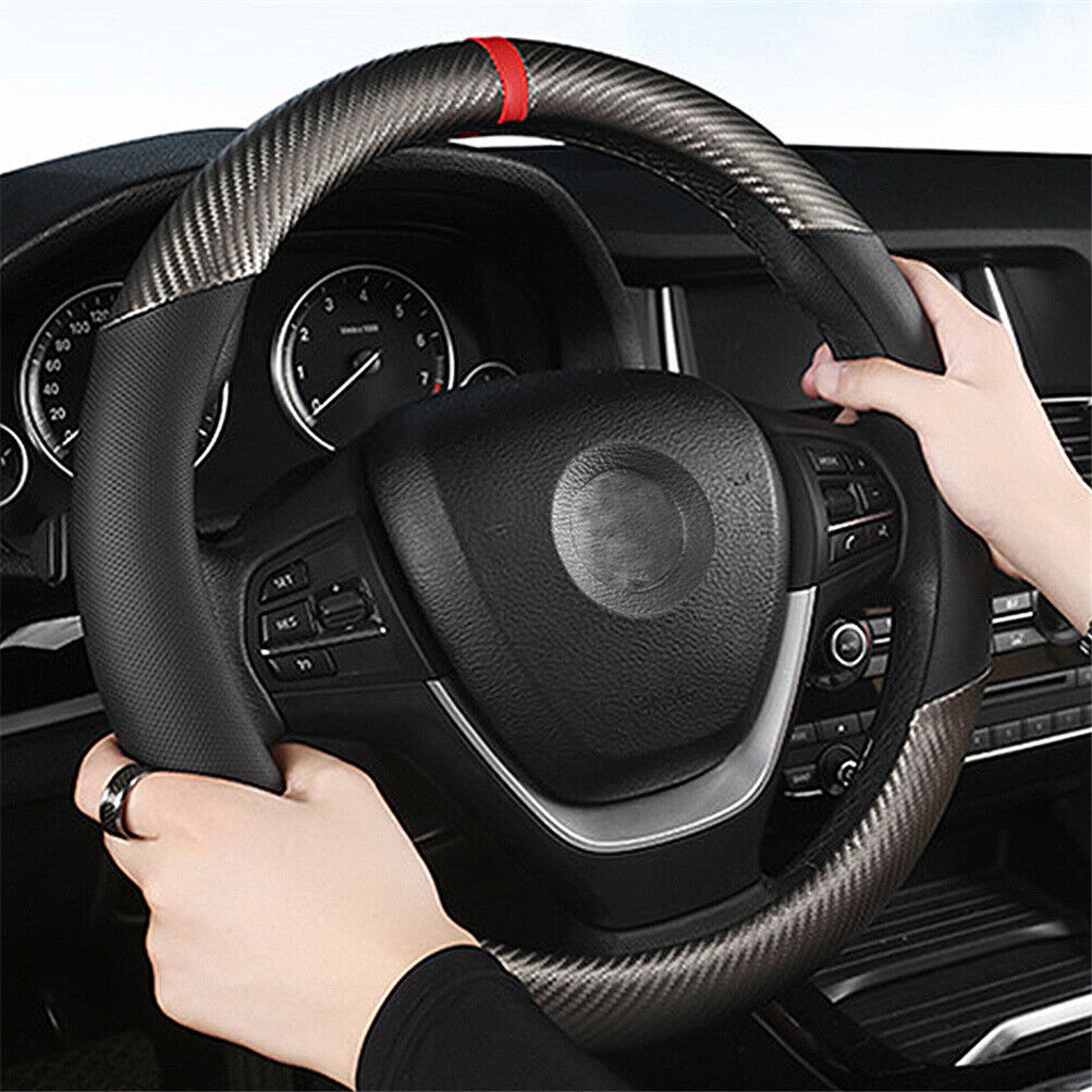 Car Steering Wheel Cover Carbon Black Leather Breathable Anti-slip Accessories