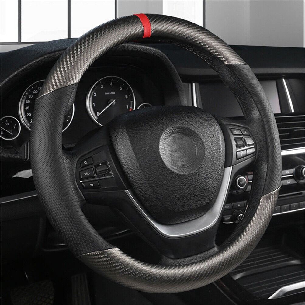 Car Steering Wheel Cover Carbon Black Leather Breathable Anti-slip Accessories